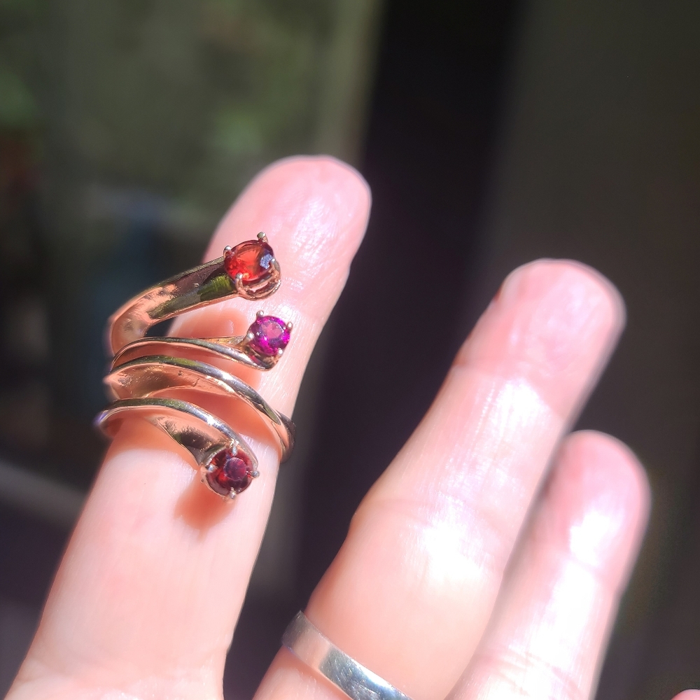 Ruby & Rhodolite sterling & 24k Rosegold wrap ring sz6.5